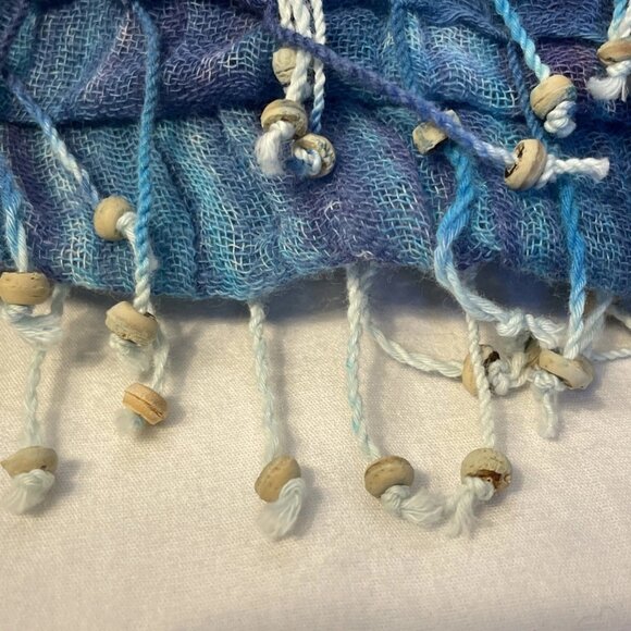 Nomadic Traders 70" x 30" Blue Green Striped Scarf Head Wrap Beaded Fringe - Picture 7 of 8